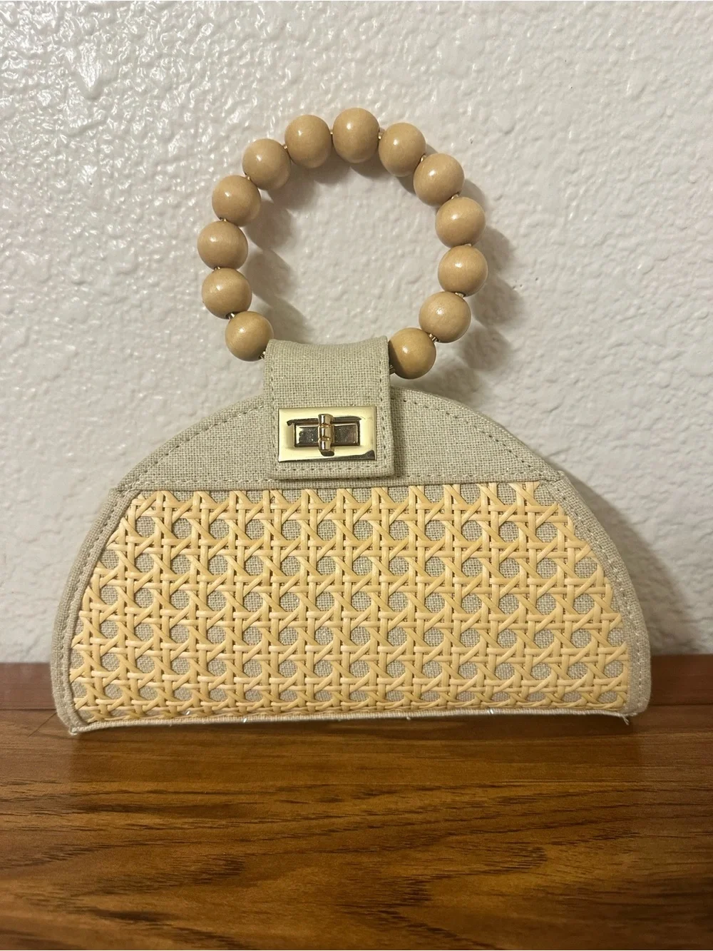 Beige Woven Straw Dome Wristlet Bag with Wooden Bead Handle